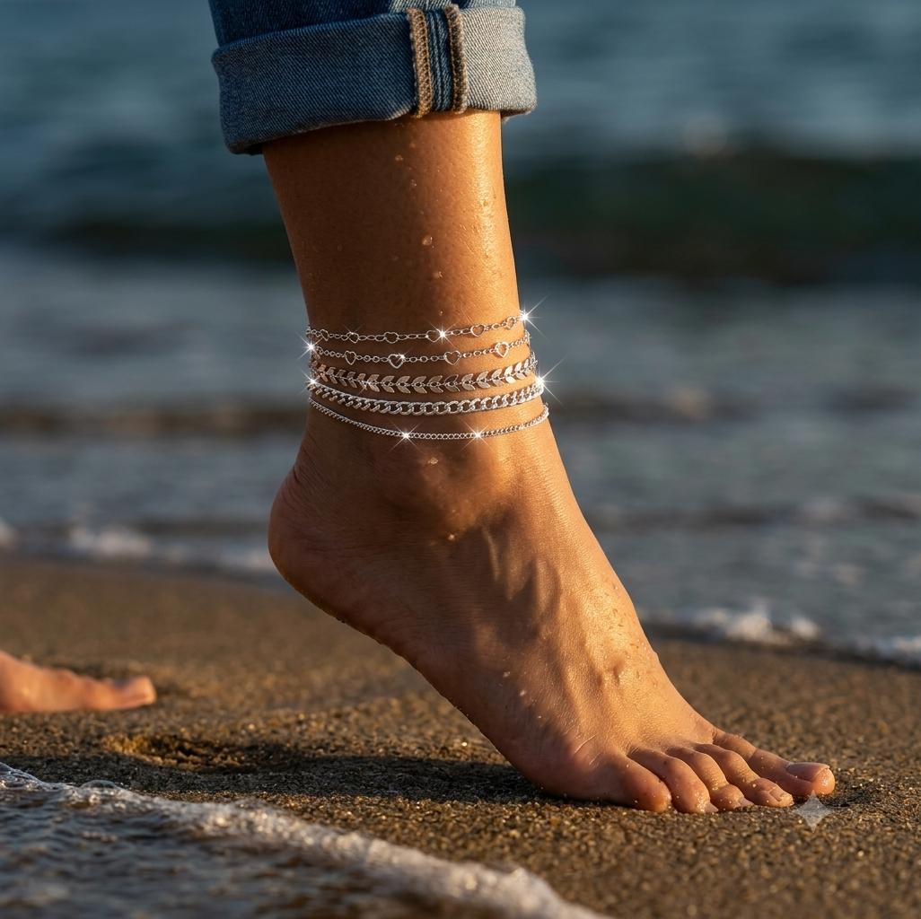 Silver layered anklet set worn on ankle at the beach — Bare Gold waterproof jewelry
