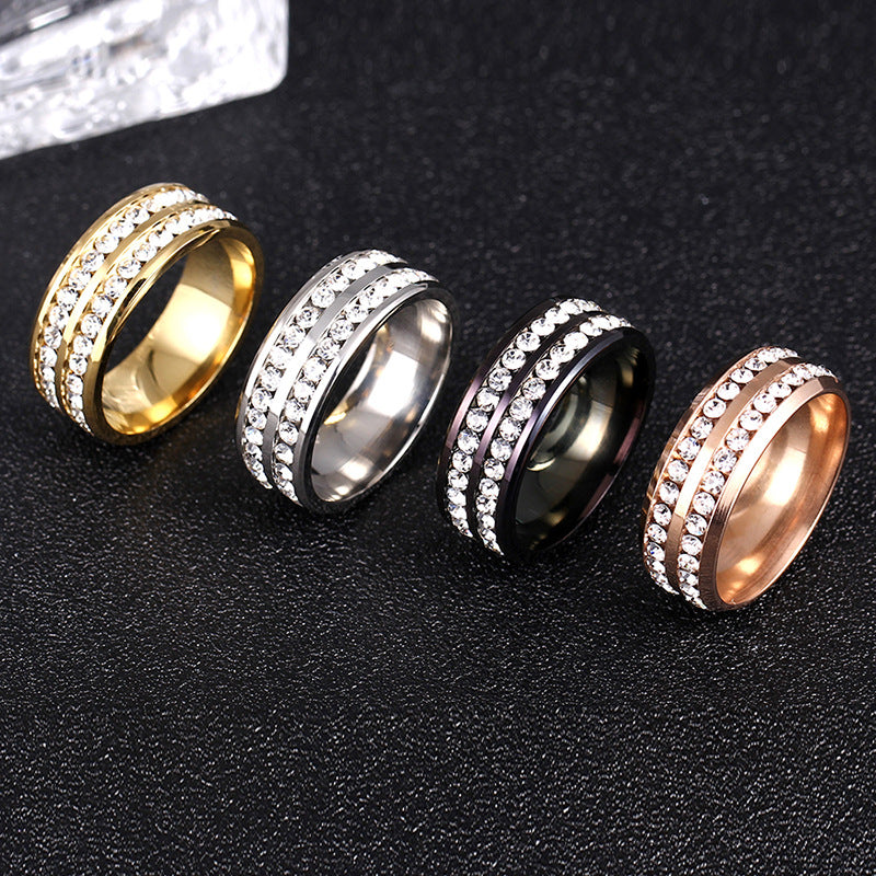 Double row crystal ring, gold stainless steel