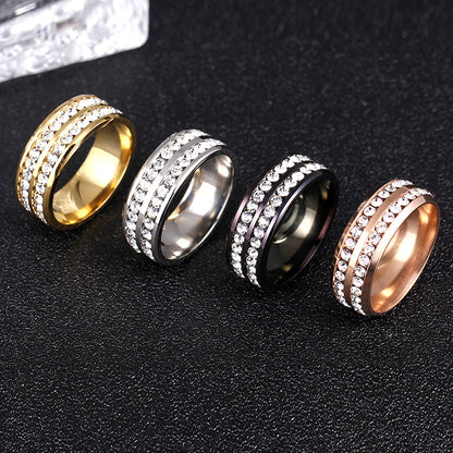 Double row crystal ring, gold stainless steel