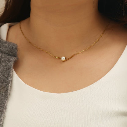 Minimalist 18K gold bar pearl necklace, waterproof