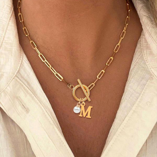 18K gold initial letter pearl necklace on paperclip chain