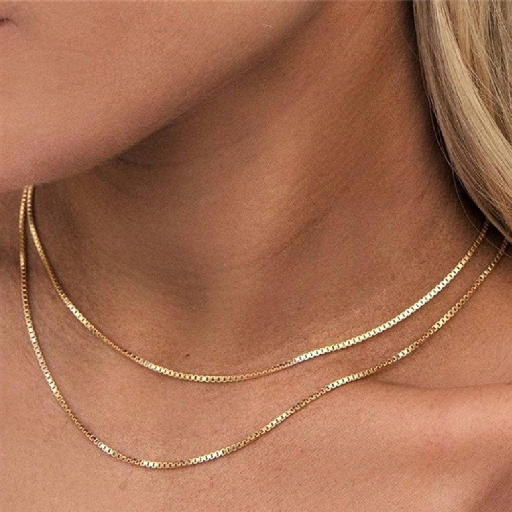 18K gold box chain necklace, waterproof
