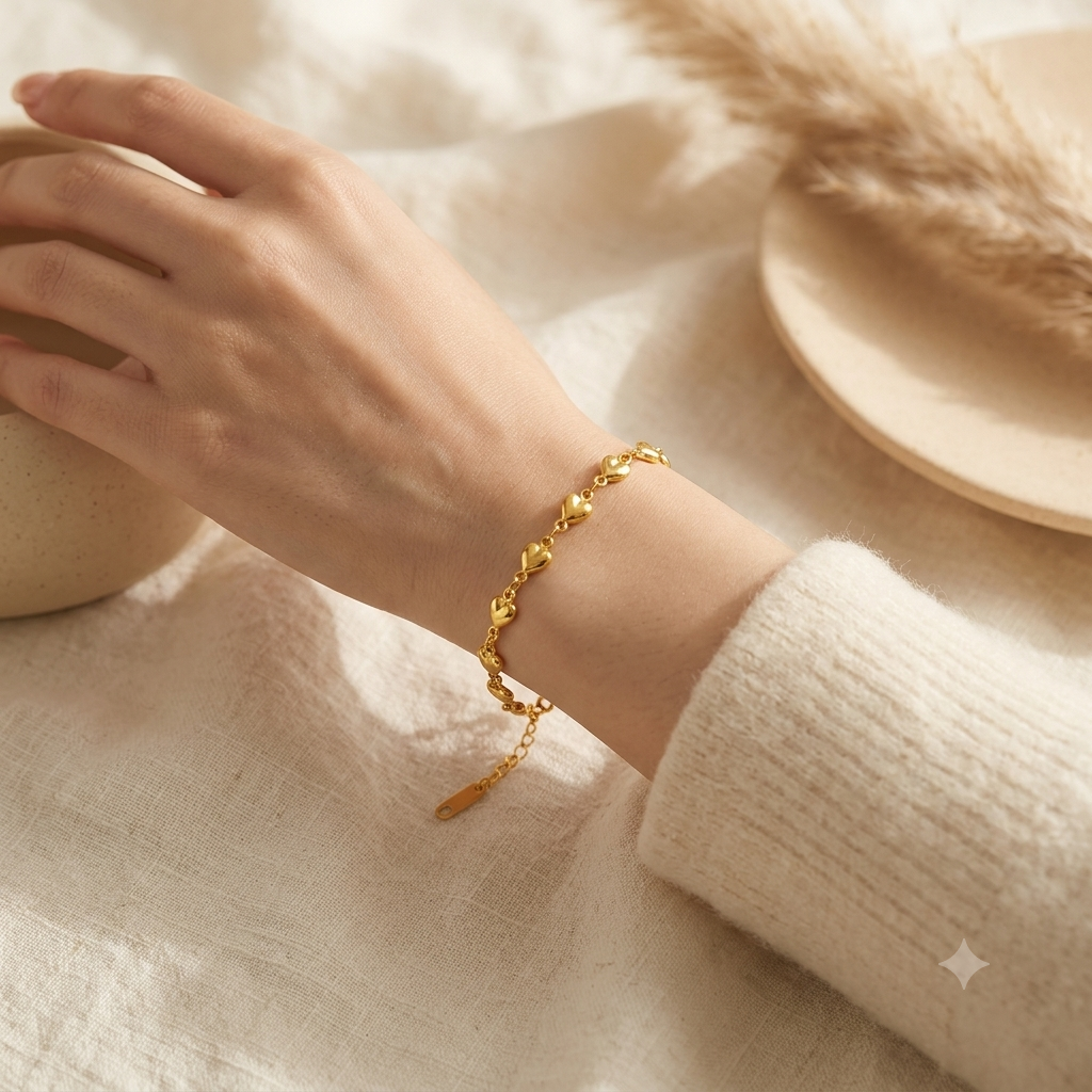 Gold heart chain bracelet worn on wrist — Bare Gold waterproof jewelry