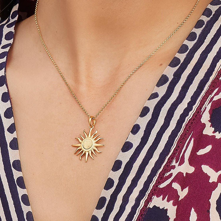 18K gold sun pendant necklace, waterproof stainless steel