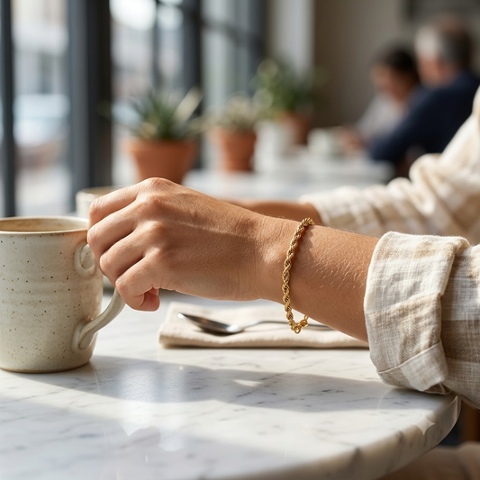 Twist chain bracelet worn on wrist, morning café scene — Bare Gold (photo B)