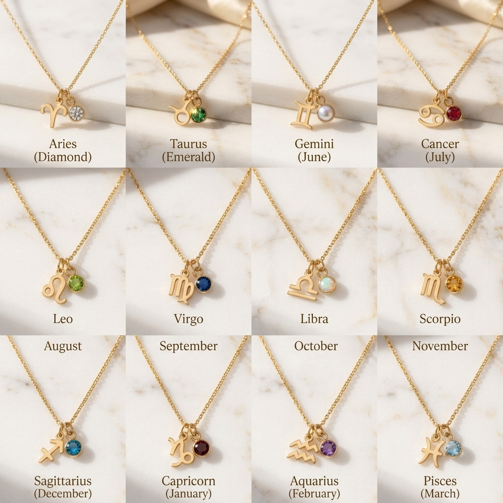 Zodiac birthstone necklace collection — all 12 signs — Bare Gold