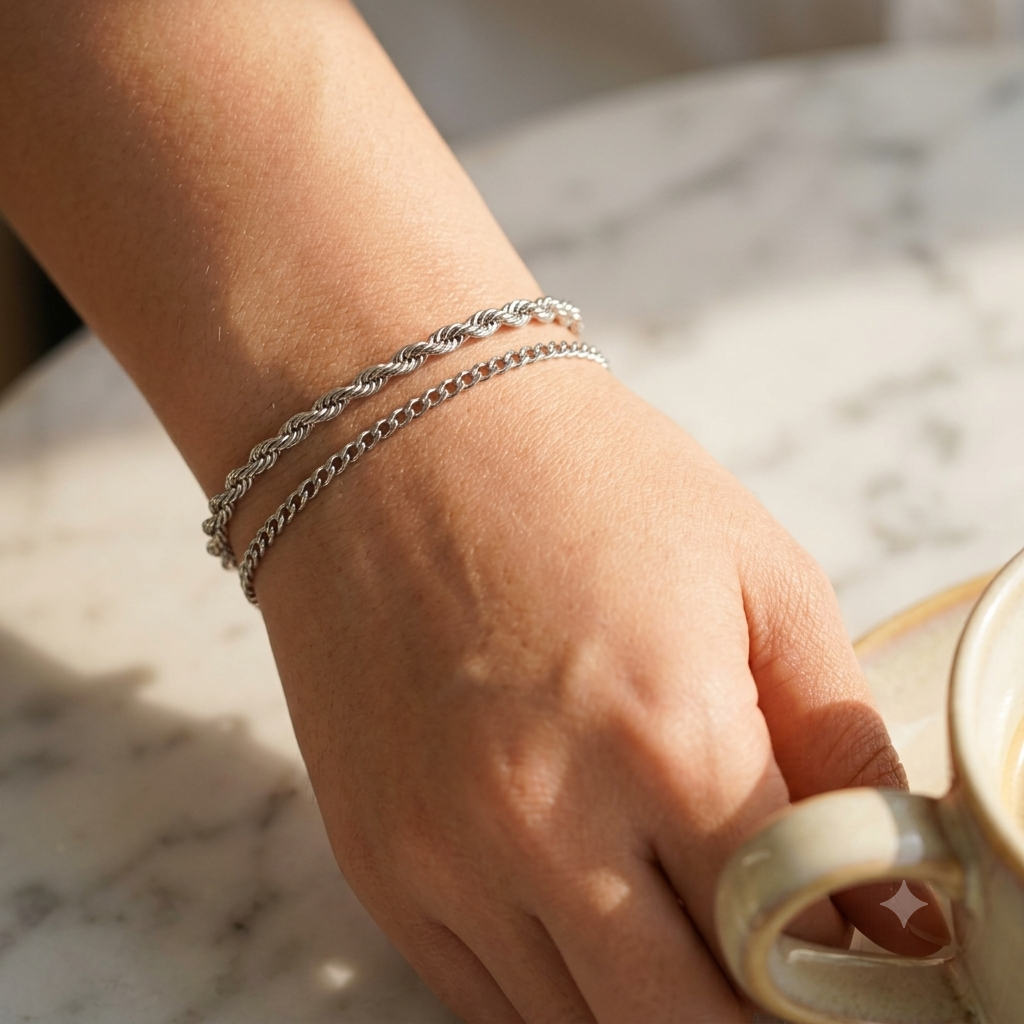 Twist chain bracelet worn on wrist, morning café scene — Bare Gold (photo A)